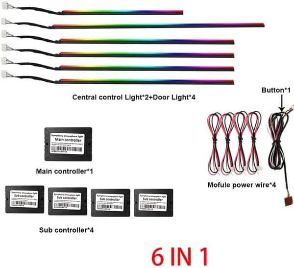 Lumière d'Ambiance LED Multicolore pour Voiture - Accessoire Symphonique avec Contrôle de la Musique - Décoration Intérieure Universelle en Acrylique (6 en 1)