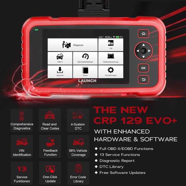 LAUNCH Officiel CRP 129 Evo+ OBD2 Valise Auto Diagnostic,EOBD Testeur 4 Systèmes(Moteur ABS, SRS at), OBD-II Diagnostic Voiture multimarque avec 13 Fonctions de Service, écran Tactile WiFi