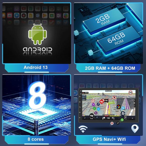 Hodozzy Autoradio 2GB+64GB 8 Core 2 Din Ecran Android 13 GPS Autoradio 7 Pouces IPS Écran Tactile avec DSP Carplay Android Auto Mirror Link WiFi Navigation Bluetooth FM RDS Radio Voiture Caméra, USB