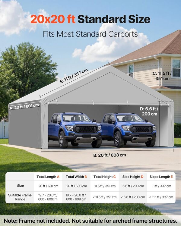 VEVOR Toile Rechange Carport, 6x6 m, Bâche Toit Abri Voiture, Couverture Tente Garage Portable, Résistante UV Imperméable, avec Parois Latérales, Cordons Élastiques à Billes, Gris, Cadre Non Inclus