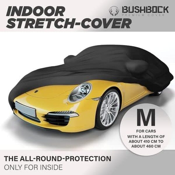 BUSHBOCK Premium Housse de Voiture d'intérieur Compatible avec Les principales Voitures, Tissu Élastique, Respirant et Anti-Poussière, Doublure Douce, Ajustement Serré (Noir, M)