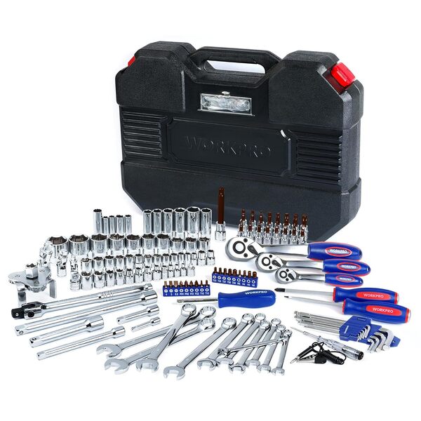 WORKPRO Coffret de Douilles Clés à Cliquet et Embouts Professionnels en Acier Chrome-Vanadium pour Réparation Voiture Auto Mécanique avec Malette 123 Pièces