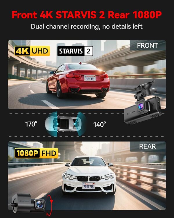 REDTIGER SATRVIS 2 Dashcam Voiture 4K,Écran Tactile 3,18 Pouces,Carte Mémoire 128Go,GPS,WiFi 5,8G,Contrôle Vocal,Vision Nocturne UHD 2160P,Verrouillage d'urgence,Moniteur de Stationnement(F7N Touch)