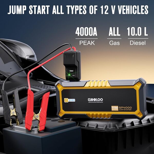 GOOLOO Booster Batterie Voiture 4000A GP4000 12V (Tous Les Essences et Jusqu'à 10 L Diesel) Jump Starter avec Pinces Sécurité Intelligentes Supersafe+Lampe LED+Sorties ChargeRapide 3.0