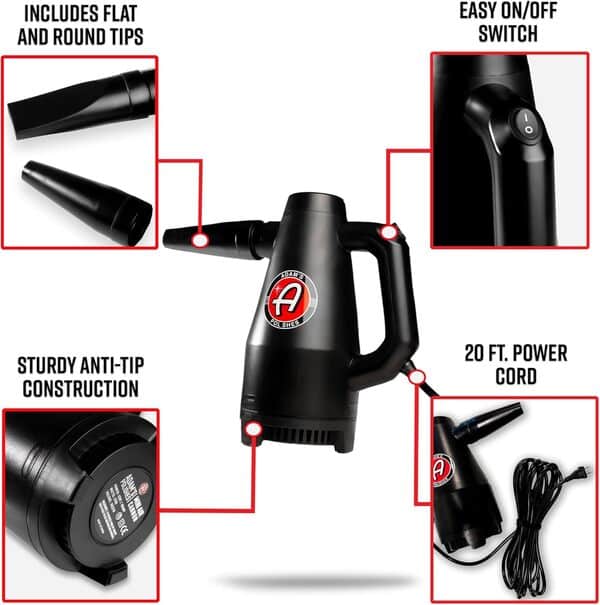 Adam's Mini Canon à air – Sèche-Linge Portable Haute Puissance filtré | Séchez Avant Le Nettoyage de Voiture, Les détails de Voiture, la Cire de Voiture ou Le revêtement en céramique | Kit d'outils