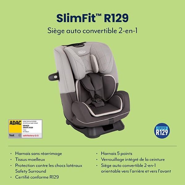 Graco Slimfit R129, Siège-Auto Convertible 2-en-1, de 40 À 145 Cm (De La Naissance Jusqu'À Environ 12 Ans), Siège Enfant Dos À La Route et Face À La Route, Gris, Iron