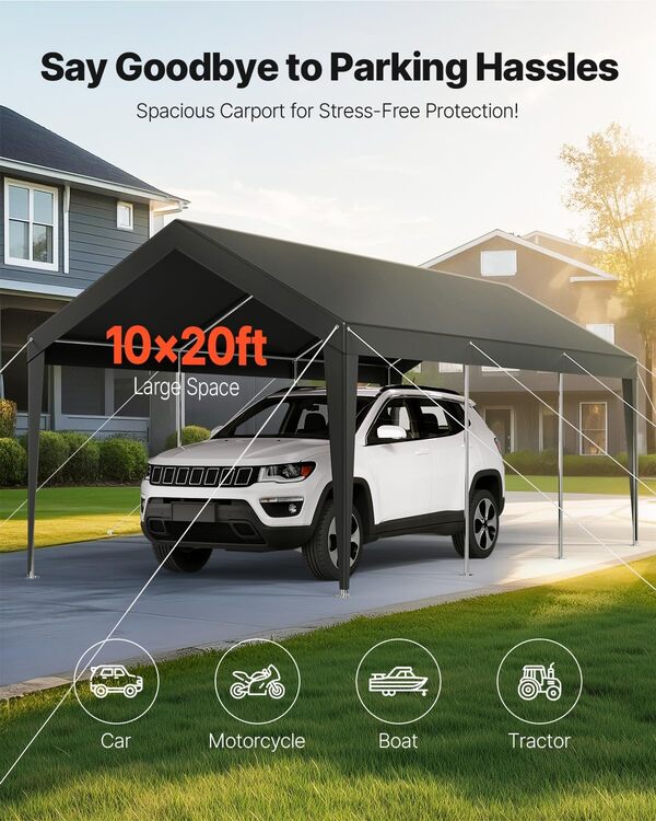 VEVOR Carport, 3,05 x 6,09 m, Abri de Voiture Robuste avec Cadre en Acier, Abri de Garage Extérieur, Résistant aux UV et à l'eau, Protection Toutes Saisons, Auvent pour Voitures, Bateaux, Moto, Gris