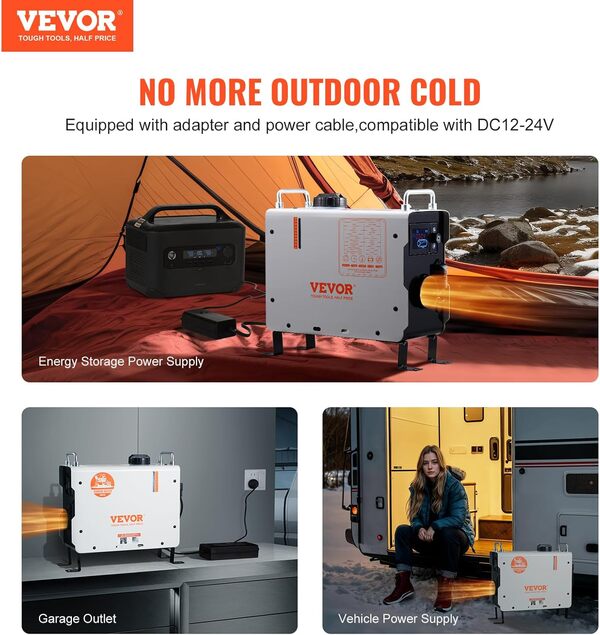 VEVOR Chauffage Diesel 2 kW, Réchauffeur d'Air 12/24/220 V, Contrôle par App Bluetooth, Télécommande et Écran d'Affichage, Alarme CO, Portable, Chauffage Rapide, pour Voiture Bateau Camping Car [Classe énergétique A]