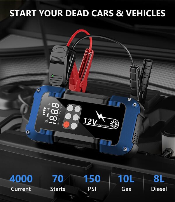 Booster Batterie Voiture avec Compresseur,4000A 26800mAh,12V Jump Starter Portable Booster Batterie (Jusqu’à All Gaz Ou 8L Diesel) avec Grand éCran LCD,Lampe à LED,Pinces Intelligentes