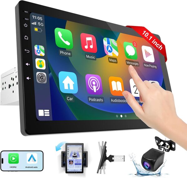 Autoradio 1 DIN Bluetooth Autoradio Car Play Voiture avec sans Fil carplay & Android Auto,10.1 Rotatif de Pouces HD Écran Tactile,avec caméra de recul 1080P,Navigation GPS,Mirror Link,AUX,FM/AM