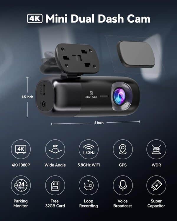 REDTIGER Dash Cam 4K+1080P Avant et Arrière,Dasham Voiture avec WiFi 5 GHz,GPS,Carte 32 Go Incluse,Enregistrement en Boucle,Vision Nocturne,Surveillance du Stationnement,Contrôle Via Application(F9)