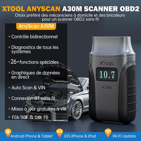 XTOOL A30M OBD2 Valise Diagnostic Auto BT, Lecteur OBD2 Diagnostic Voiture Français, 26+ Réinitialisations, Test Actif, Outil de Diagnostic Automobile Tous Systèmes, FCA/CANFD, Mises à Jour à Vie