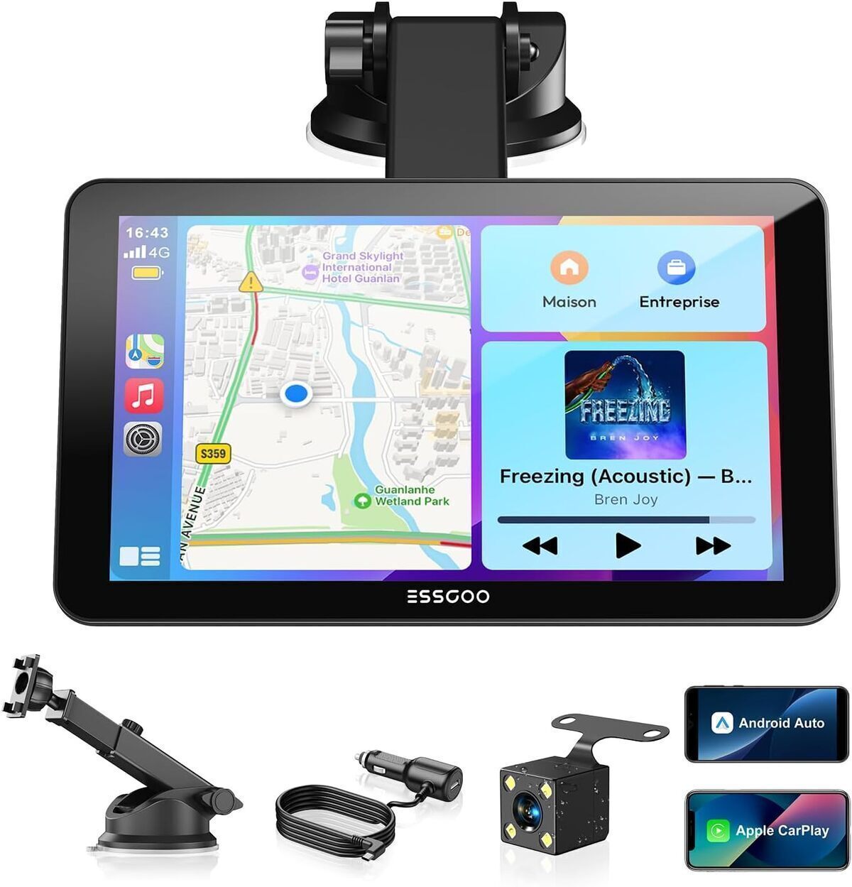 Test de l'écran voiture sans fil ESSGOO 7 pouces avec caméra de recul et CarPlay