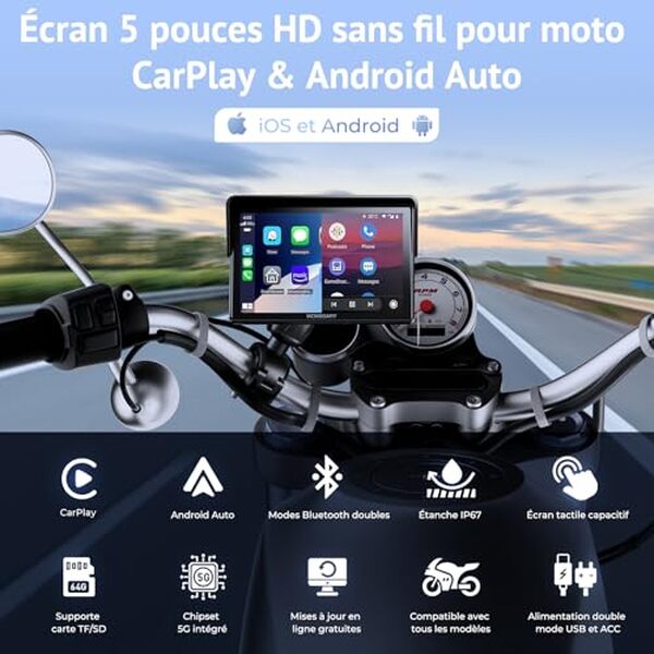 Découvrez notre test complet de l'écran CarPlay moto 5 pouces étanche et sans fil : performances, autonomie et pratticité pour les motards.