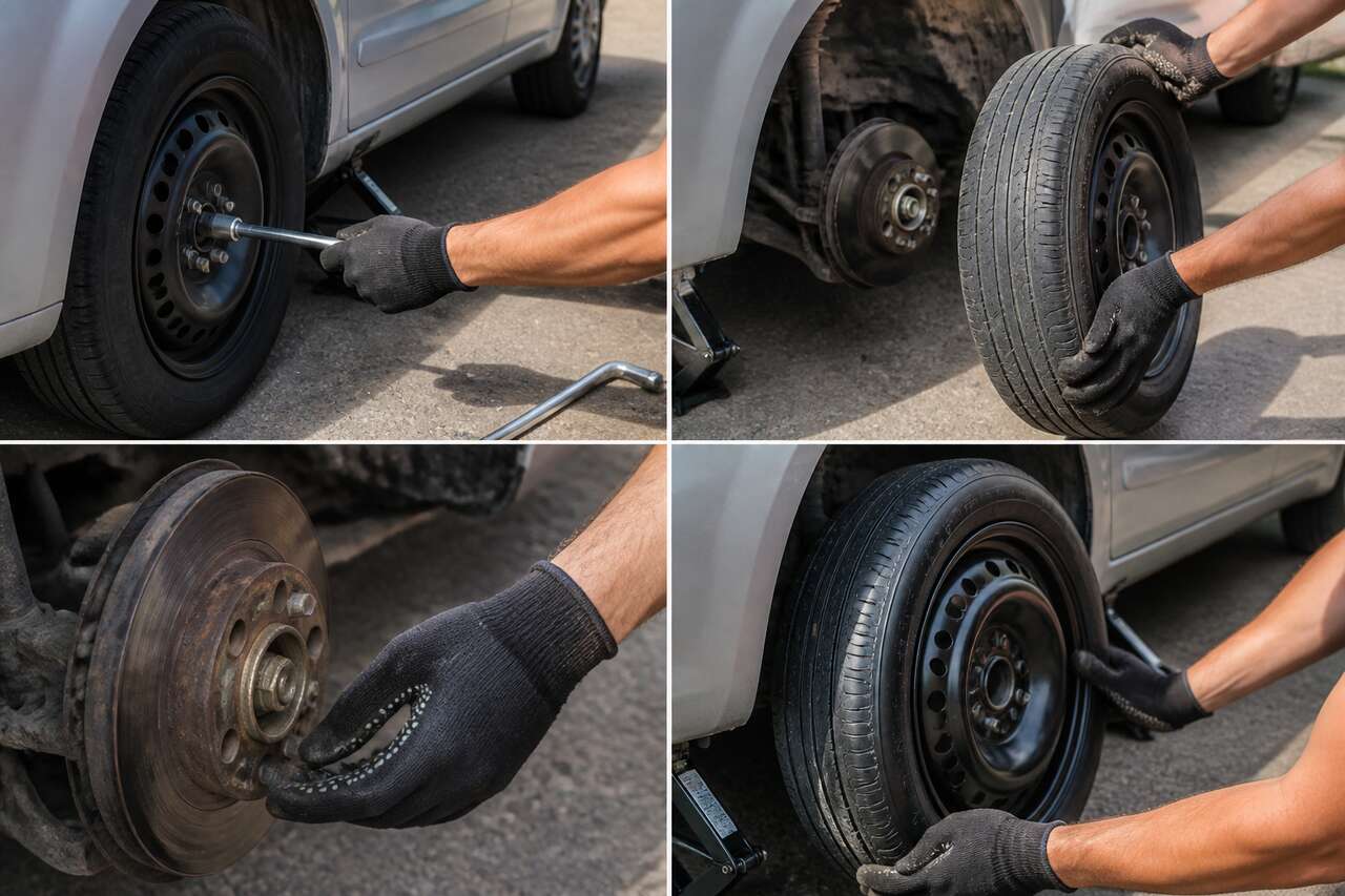 Lever le véhicule et déposer la roue crevée Lever le véhicule et déposer la roue crevée