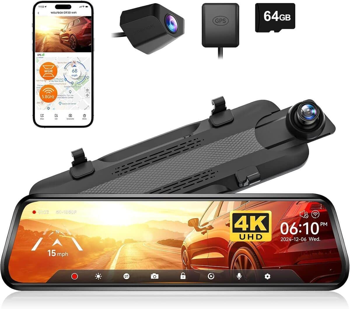 Test : wolfbox g930 dashcam rétroviseur 4K avec GPS et écran tactile